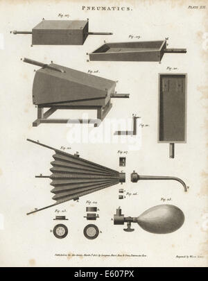 Pneumatique : soufflets, les plans et les élévations, 18e siècle. Banque D'Images