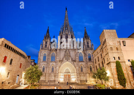 La Cathédrale de Barcelone de nuit, le quartier Gothique (Barri Gotic) de la ville, en Catalogne, Espagne. Banque D'Images