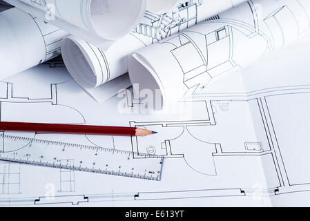 Avec les modèles d'architecture et d'une règle crayon Banque D'Images