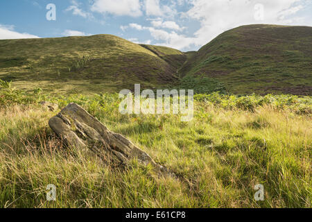 Vue du haut du pic du Peak District, avec un rocher au premier plan, près de la route du col de serpent. La zone de crête élevée est très sombre en hiver Banque D'Images