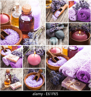 Spa - huile essentielle de lavande, seasalt, serviettes et savon artisanal violet Banque D'Images