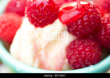 Framboises biologiques sur la vanille glace nappée de sirop de framboise Banque D'Images