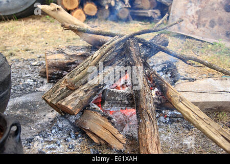 Gravure sur bois de feu de camp à l'extérieur dans la nature avec cendres autour de feu Banque D'Images