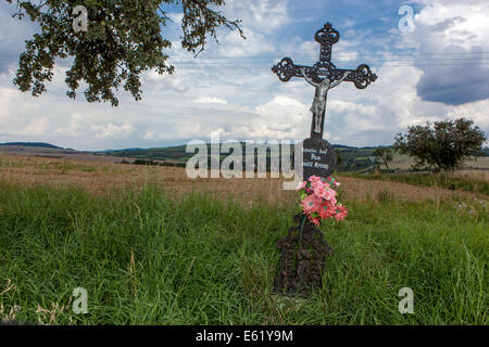 Christian croix avec Jésus et le rouge des fleurs en plastique dans le pays Banque D'Images