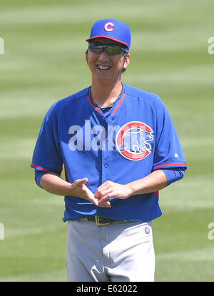 Denver, Colorado, États-Unis. 7e août, 2014. Kyuji Fujikawa (oursons) MLB : Kyuji Fujikawa des Cubs de Chicago au cours de la pratique avant le match contre la Ligue Majeure de Baseball Les Rockies du Colorado au Coors Field de Denver, Colorado, United States . © AFLO/Alamy Live News Banque D'Images