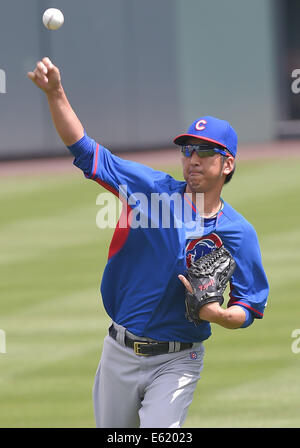 Denver, Colorado, États-Unis. 7e août, 2014. Kyuji Fujikawa (oursons) MLB : Kyuji Fujikawa des Cubs de Chicago au cours de la pratique avant le match contre la Ligue Majeure de Baseball Les Rockies du Colorado au Coors Field de Denver, Colorado, United States . © AFLO/Alamy Live News Banque D'Images