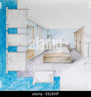 Illustration graphique et projet architectural d'un appartement chambre à coucher, avec des crayons de couleur Banque D'Images