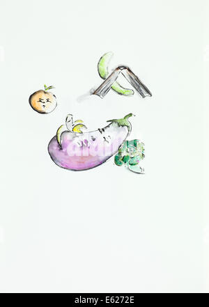 Illustration à l'aquarelle à la main des fruits et légumes par les caractères avec expressions humaines Banque D'Images