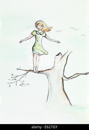 Illustration à l'aquarelle à la main de belle jeune fille debout sur une branche, avec des gestes de vol Banque D'Images