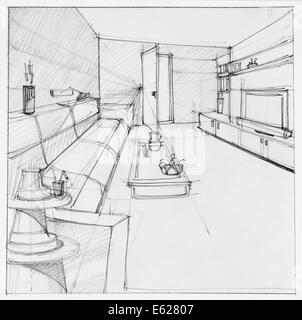 Croquis de graphique appartement salle de séjour, faites à la main Banque D'Images