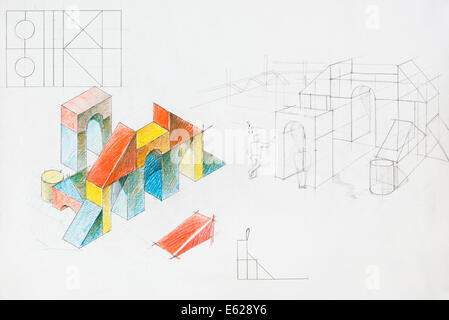 Croquis d'architecture colorée de la construction moderne, faites à la main Banque D'Images
