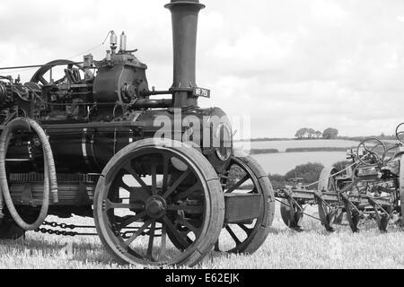 Un tracteur à vapeur tirant une charrue en noir et blanc Banque D'Images