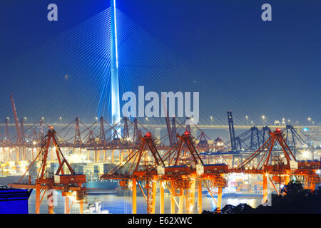 Entrepôt portuaire avec des conteneurs et marchandises industrielles dans la nuit Banque D'Images