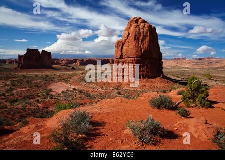 Voir des formations rocheuses de la Sal vue montagnes, Arches National Park, près de Moab, Utah, USA Banque D'Images