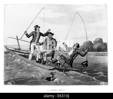 Années 1800, trois hommes du 19ème siècle DANS UN BATEAU DE PÊCHE AVEC LA LIGNE ARRIÈRE DE BASCULEMENT DE L'homme accroché sur le nez de l'autre Banque D'Images