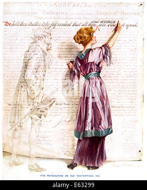 1900s 1915 SUFFRAGETTE FEMME écrit dans "Femmes" ET DANS L'INDÉPENDANCE Déclaration debout à côté de Thomas Jefferson 1776 Banque D'Images