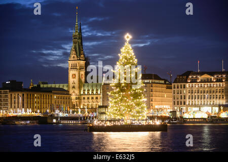 Lac Binnenalster avec arbre de Noël et de l'hôtel de ville au moment de Noël, Hambourg, Allemagne Banque D'Images