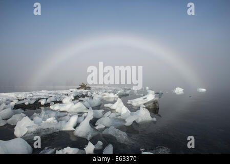 Un arc-en-ciel de brouillard et les icebergs échoués à Pakenham Point, Prince William Sound, Alaska Banque D'Images