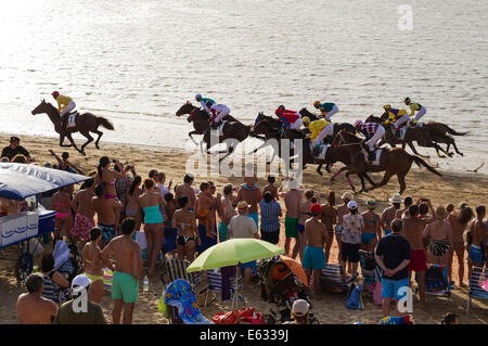 Course de chevaux sur la plage de Sanlúcar de Barrameda, à l'embouchure de la rivière Guadalquivir, Cadiz Province, Andalusia, Spain Banque D'Images