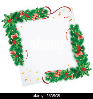 Cadre de Noël avec des branches de sapin, Baie de houx, du gui et de banderoles, feuilles de papier, illustration Banque D'Images