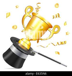 Concept de la victoire - Magician Hat with Gold Trophy, Confetti et baguette magique, isolé sur fond blanc Banque D'Images