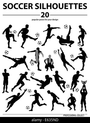 Silhouettes jeu Joueurs de football, gardien de but, Champion de l'équipe avec cuvette, Ball, isolé sur fond blanc Banque D'Images