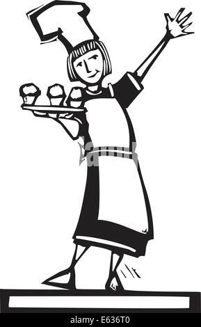 Femme chef holding un bac de trois petits gâteaux. Illustration de Vecteur