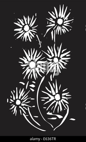 Gravure sur bois fleurs en blanc sur un fond noir Illustration de Vecteur