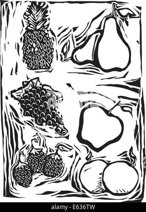 L'ananas, poires, raisins, pommes, oranges et raspberrys dans une gravure sur bois de style libre des fruits. Illustration de Vecteur