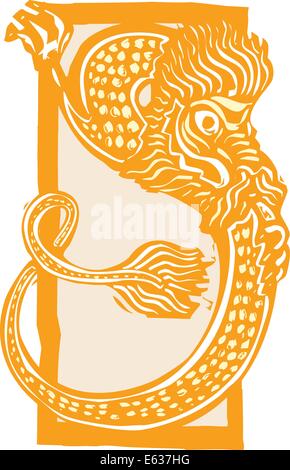 Image style gravure sur bois d'un dragon chinois de curling pour la nouvelle année. Illustration de Vecteur