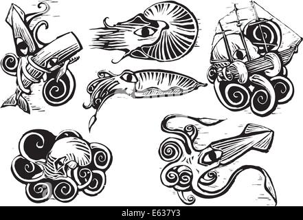 Groupe d'animaux aquatiques avec des calmars, poulpes, seiches et nautilus en rétro woodcut image. Illustration de Vecteur