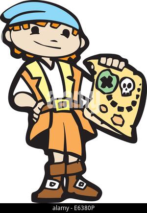 Garçon en costume de pirate avec carte au trésor. Illustration de Vecteur