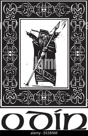 Image style gravure sur bois du dieu Odin Viking celtique dans une frontière. Illustration de Vecteur