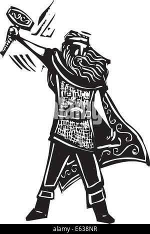 Image style gravure sur bois du dieu Viking Thor Illustration de Vecteur