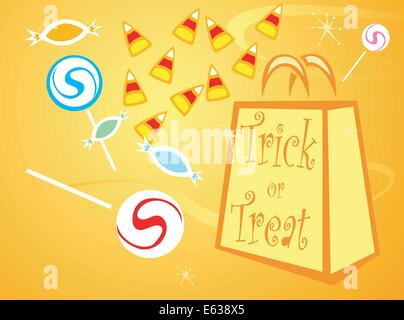 Halloween trick or treat sac avec différents bonbons. Illustration de Vecteur