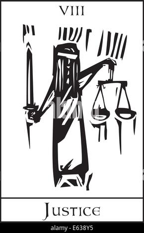 Woodcut style expressionniste Tarot Arcanes Majeurs de droit de la Justice Illustration de Vecteur