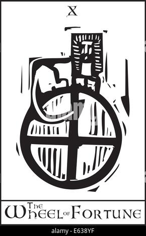 Woodcut style expressionniste de cartes de Tarot Arcanes Majeurs image de la roue de la Fortune Illustration de Vecteur