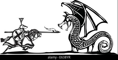 Woodcut style expressionniste image d'un chevalier monté sur un dragon de combat Illustration de Vecteur