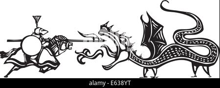 Woodcut style expressionniste de l'image d'un combat avec un chevalier et dragon. Illustration de Vecteur