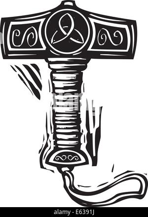 Image style gravure sur bois du norrois viking Thor's Hammer Birgit. Illustration de Vecteur