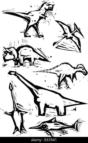 Style simple gravure sur bois bruts les représentations de dinosaures. Illustration de Vecteur