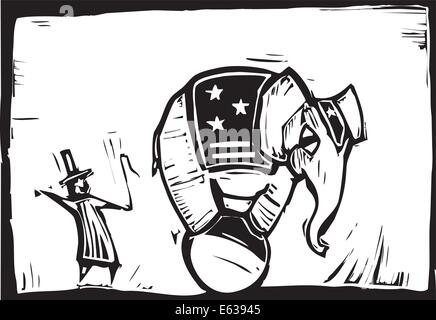 Éléphant de cirque dans stars and stripes en équilibre sur une boule . Illustration de Vecteur