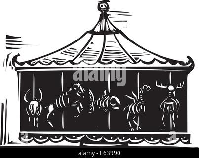 Gravure sur bois de style libre expressionniste cirque un carrousel avec des squelettes d'animaux Illustration de Vecteur