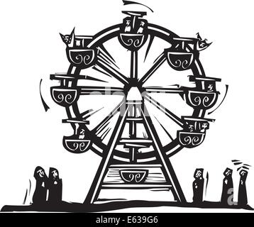 Gravure sur bois de style libre expressionniste cirque une grande roue. Illustration de Vecteur