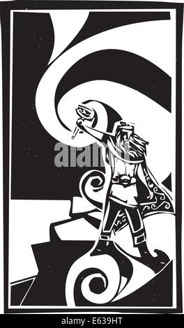 Image style gravure sur bois du dieu Viking Thor avec nuages tourbillonnants. Illustration de Vecteur