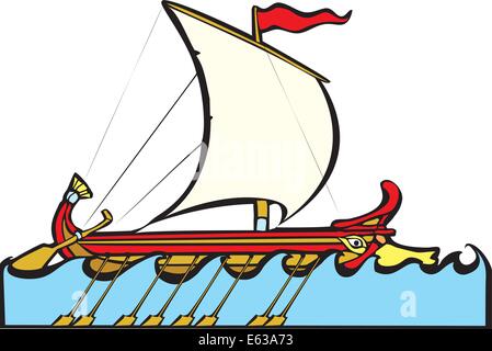 Navire à voile grec dans le style d'une trirème. Illustration de Vecteur