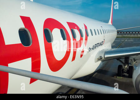 À la fin de la passerelle, sur le point d'entrer dans un hop ! Avion, Embraer, dans l'aéroport Charles de Gaulle, à Paris, France, Europe. Banque D'Images