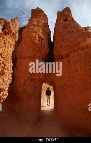 Randonneur et tunnel sur la Queen's Garden Trail à travers les cheminées de fée, Bryce Canyon National Park, Utah, USA Banque D'Images