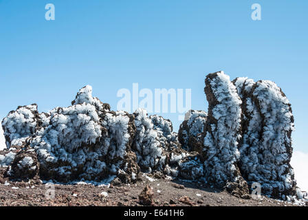 Roque de los Muchachos, formations rocheuses couvertes de glace, La Palma, Canary Islands, Spain Banque D'Images