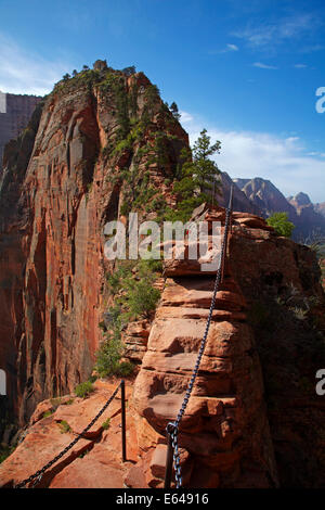 Acte de foi 'étroite' partie de piste d'atterrissage des Anges, avec 1000ft/305m dentelle gouttes sur les deux côtés, et Angel's Landing, Sion Natio Banque D'Images